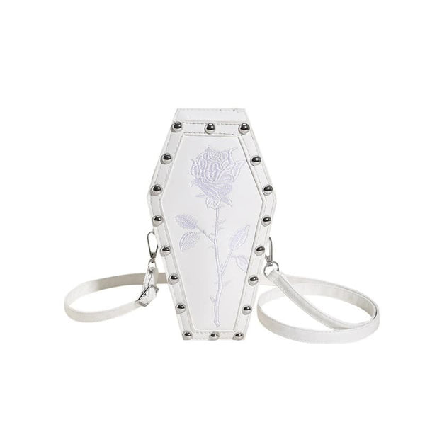 White Gothic Coffin Shaped Crossbody Bag With Embroidered Rose Unique Fashion Statement Women's Bags & Handbags