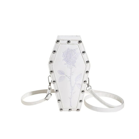 White Gothic Coffin Shaped Crossbody Bag With Embroidered Rose Unique Fashion Statement Women's Bags & Handbags