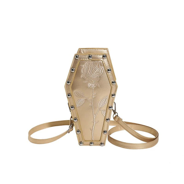Gold Gothic Coffin Shaped Crossbody Bag With Embroidered Rose Unique Fashion Statement Women's Bags & Handbags