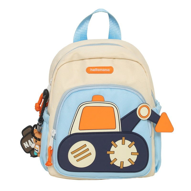 White Blue Kids' Cartoon Backpack Adorable Excavator Design With Spacious Compartments Backpacks & Bags