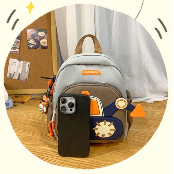 Elosung Grey Brown Kids Cartoon Backpack Adorable Excavator Design With Spacious Compartments Backpacks & Bags