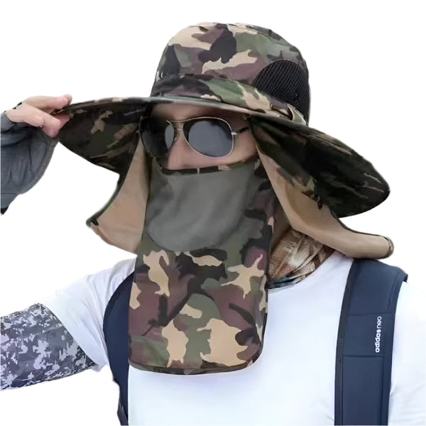 Elosung Dark Green Camouflage Outdoor Sun Protection Hat With Detachable Face And Neck Flap Upf 50+ Hats