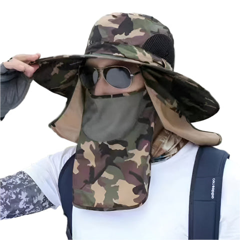 Elosung Dark Green Camouflage Outdoor Sun Protection Hat With Detachable Face And Neck Flap Upf 50+ Hats