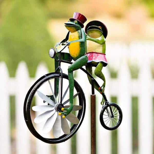 Elosung Whimsical Frog Garden Wind Spinner Metal Yard Art With Cycling Frogs Windmills & Wind Spinners