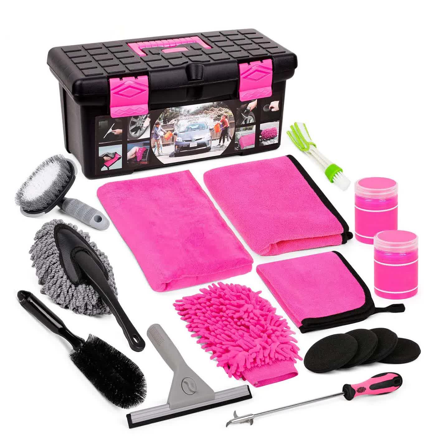 18 Piece Car Cleaning Kit Pink Auto Detailing Set With Storage Toolbox Car Cleaning Tools
