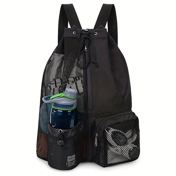 Black Mesh Drawstring Backpack Lightweight Sports And Beach Bag With Pockets Women Backpacks