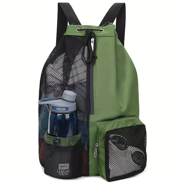 Green Mesh Drawstring Backpack Lightweight Sports And Beach Bag With Pockets Bags