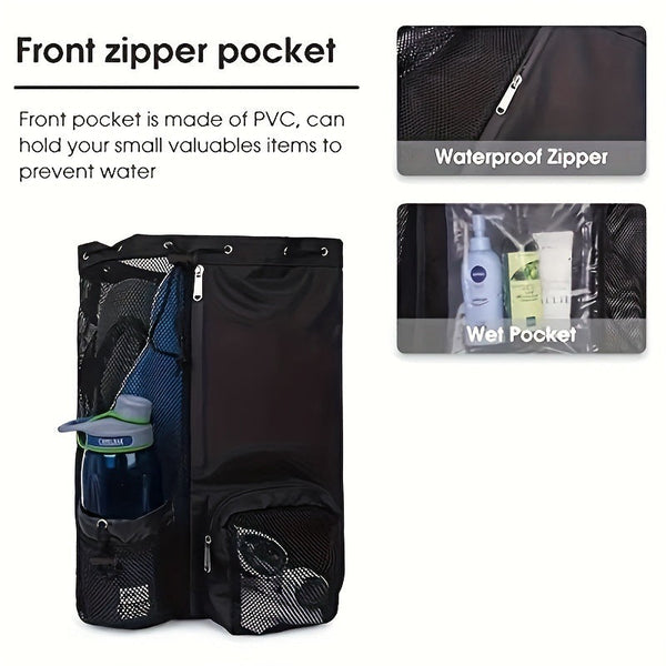 Green Mesh Drawstring Backpack Lightweight Sports And Beach Bag With Pockets Bags