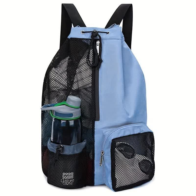 Elosung Blue Mesh Drawstring Backpack Lightweight Sports Beach Bag With Pockets Bags