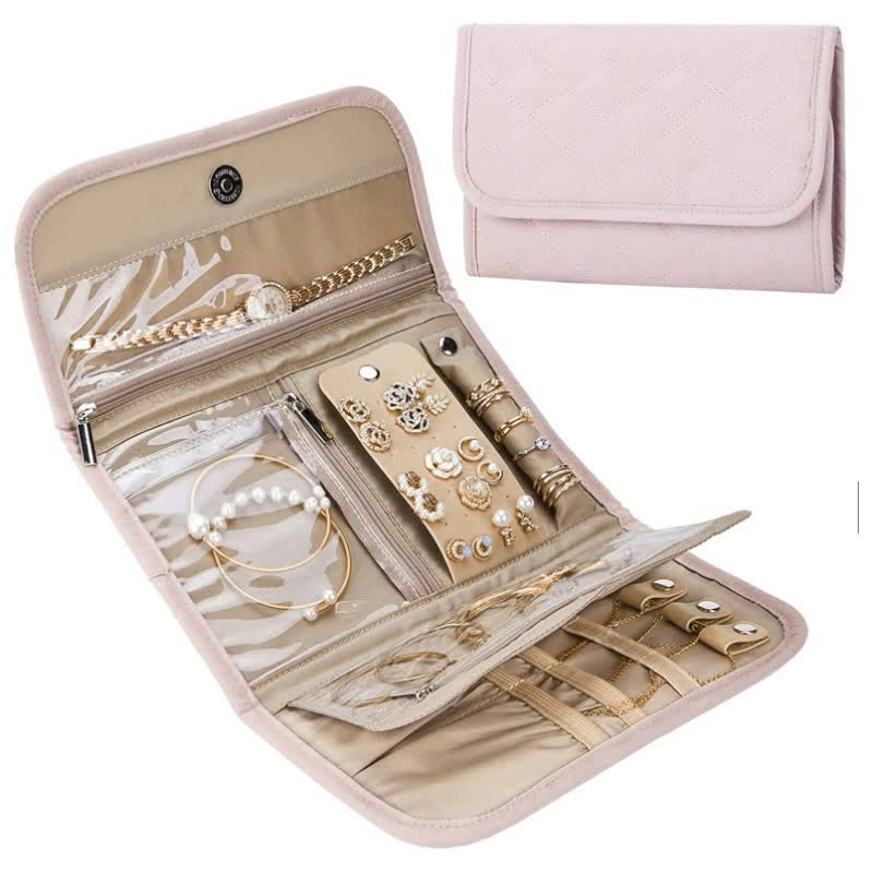 Veile Studios Pink Travel Jewelry Organizer Compact Roll Up Storage Bag With Multiple Compartments Jewellery Holders & Organisers