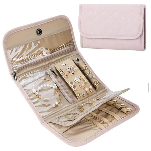 Veile Studios Pink Travel Jewelry Organizer Compact Roll Up Storage Bag With Multiple Compartments Jewellery Holders & Organisers