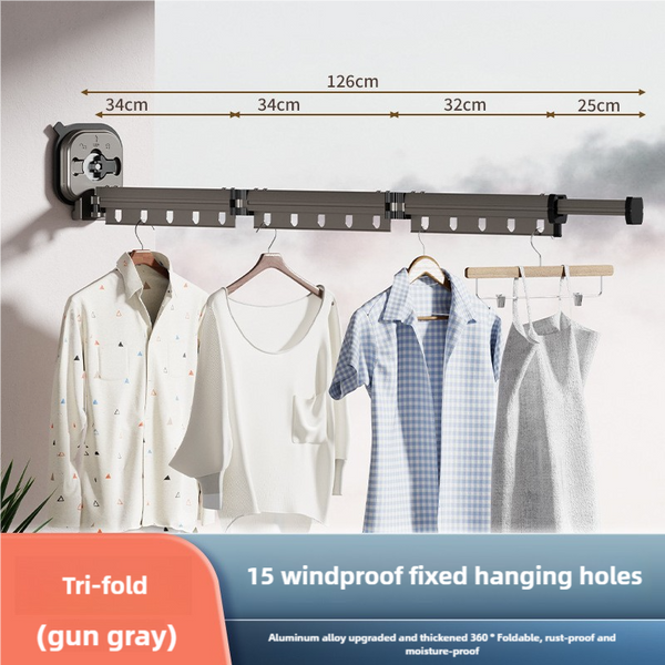 Grey Wall Mounted Foldable Clothes Drying Rack 3 Section Aluminum With 15 Windproof Hooks Clothes Airers