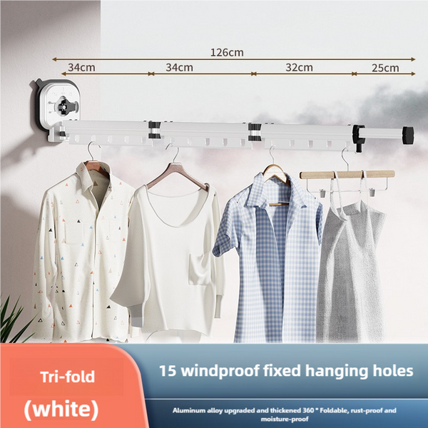 Elosung White Wall Mounted Foldable Clothes Drying Rack 3 Section Aluminum With 15 Windproof Hooks Garment Racks