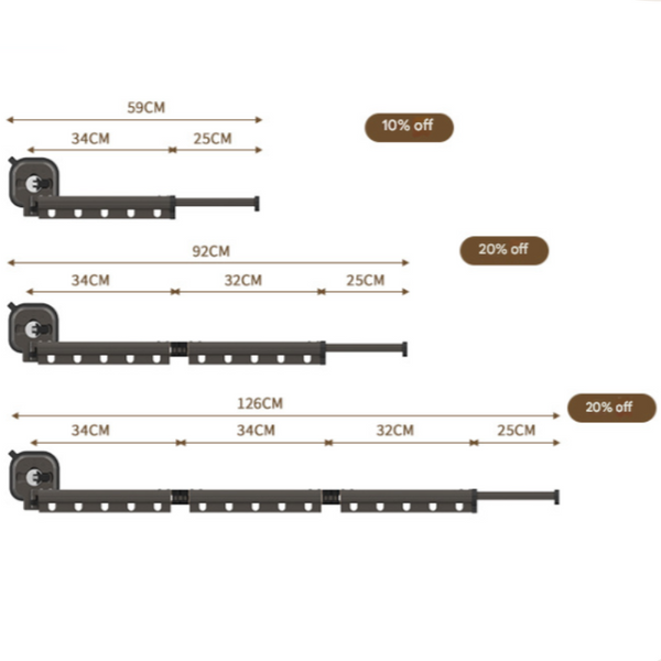 Elosung White Wall Mounted Foldable Clothes Drying Rack 3 Section Aluminum With 15 Windproof Hooks Garment Racks