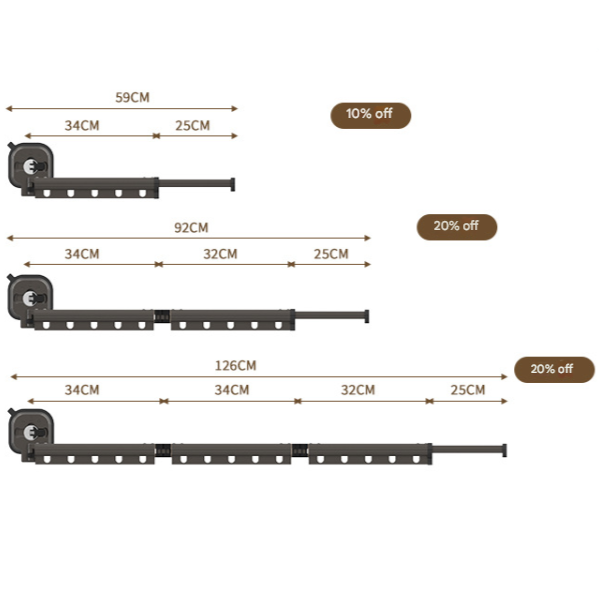 Elosung White Wall Mounted Foldable Clothes Drying Rack 2 Section Aluminum With 10 Windproof Hooks Garment Racks