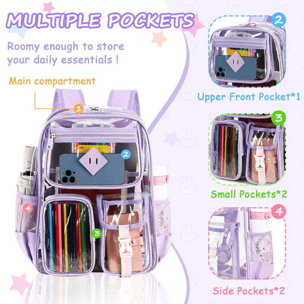 Elosung Purple Clear Transparent Backpack Stylish Pvc School Bag With Multiple Pockets Backpacks & Bags