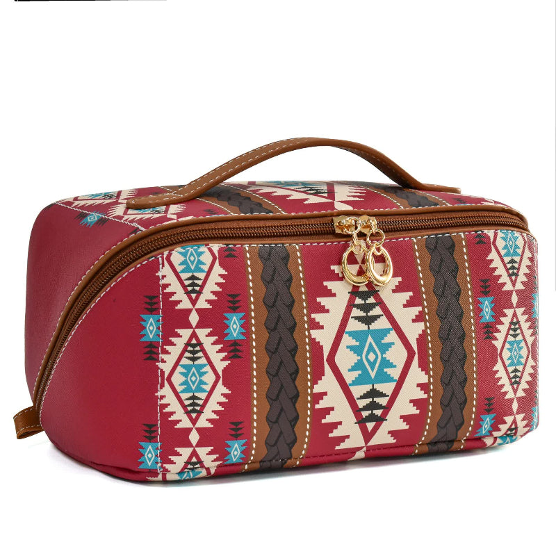 Elosung Red Horizontal Pattern Boho Travel Cosmetic Bag Large Waterproof Makeup Organizer With Handle Makeup Bags & Cases