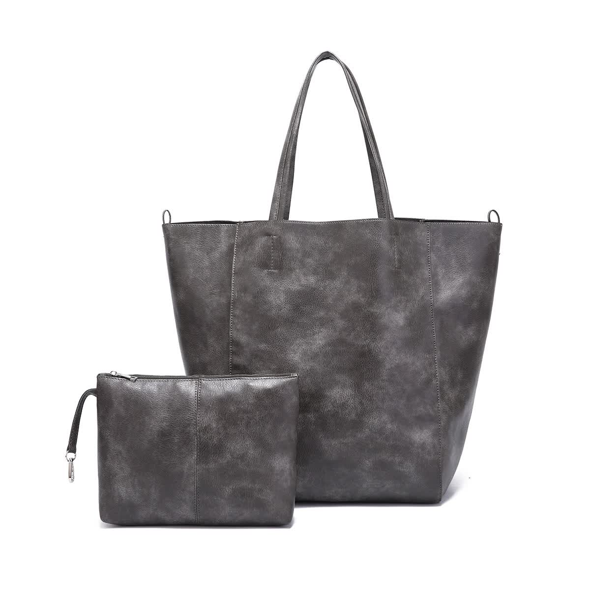 Elosung Grey Classic Large Pu Leather Tote Bag With Inner Pouch Elegant And Functional Women's Bags & Handbags