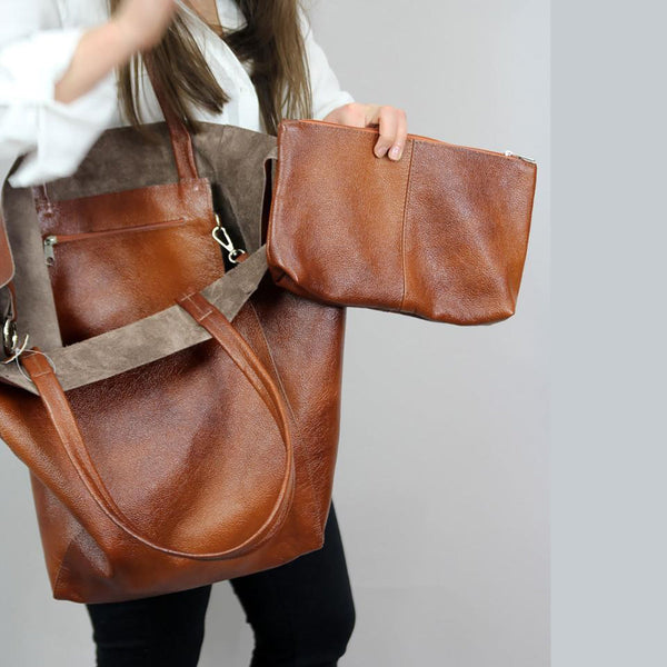 Elosung Brownish Classic Large Pu Leather Tote Bag With Inner Pouch Elegant And Functional Women's Bags & Handbags