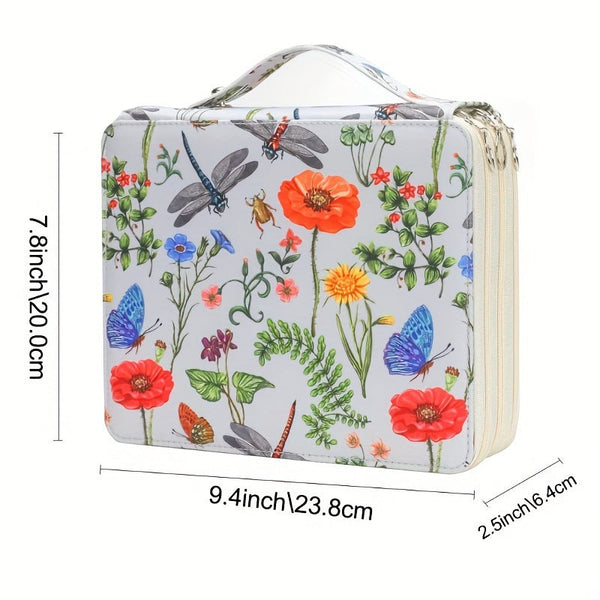 White Floral Design Portable Zippered Pencil Case 3 Layer Large Capacity Organizer For Stationery & Art Supplies Pencil Cases