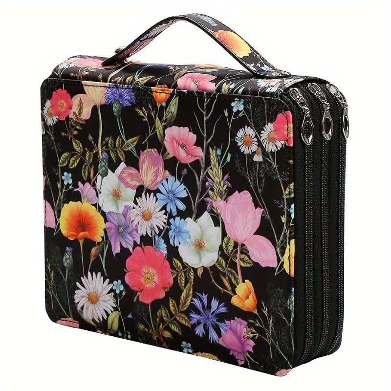 Elosung Black Floral Design Portable Zippered Pencil Case 3 Layer Large Capacity Organizer For Stationery & Art Supplies Pencil Cases