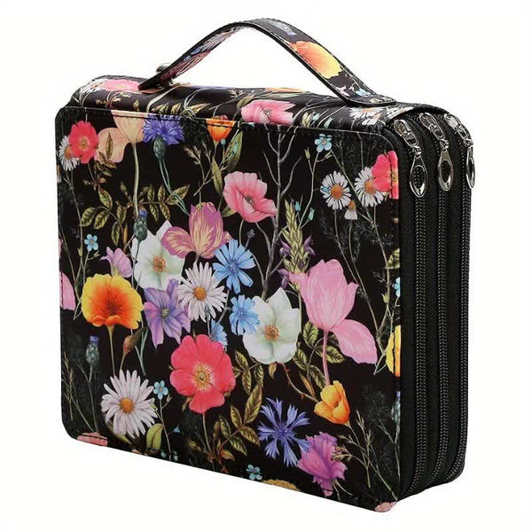 Elosung Black Floral Design Portable Zippered Pencil Case 3 Layer Large Capacity Organizer For Stationery & Art Supplies Pencil Cases