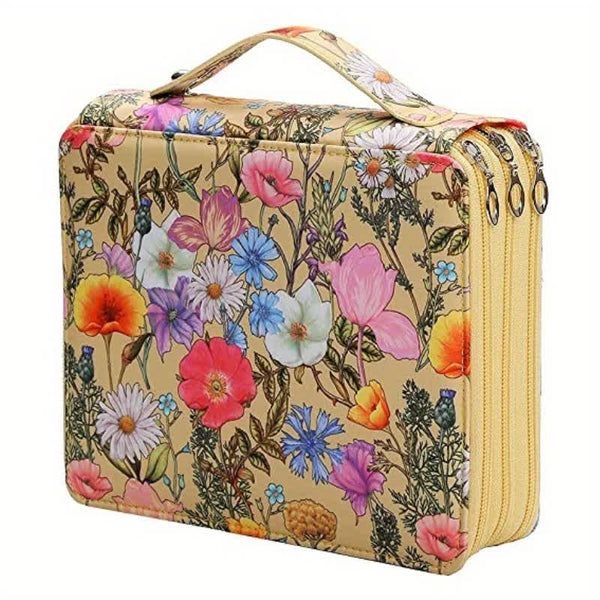 Elosung Yellow Floral Design Zippered Pencil Case 3 Layer Large Capacity Organiser For Stationery & Art Supplies Pencil Cases