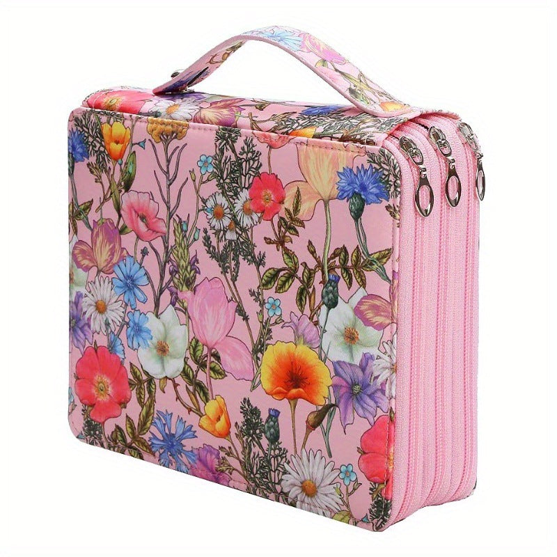 Elosung Pink Floral Design Portable Zippered Pencil Case 3 Layer Large Capacity Organizer For Stationery & Art Supplies Pencil Cases