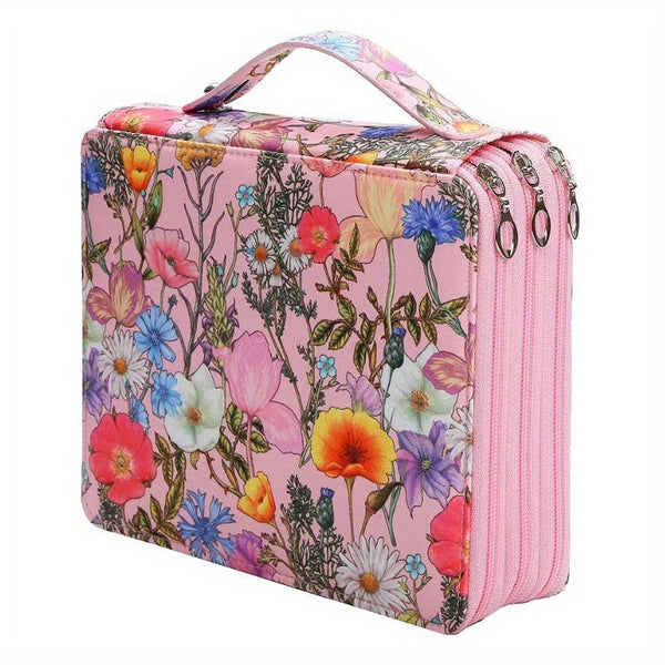 Elosung Pink Floral Design Portable Zippered Pencil Case 3 Layer Large Capacity Organizer For Stationery & Art Supplies Pencil Cases