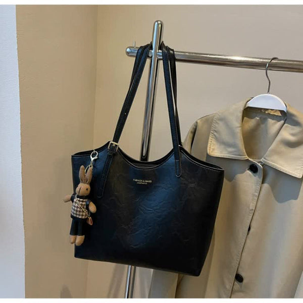 Elosung Black Elegant Pu Leather Tote Bag With Cute Bear Keychain Large Capacity Handbag For Women (38 X 26 13 Cm) Women's Bags & Handbags