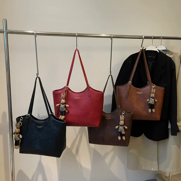 Elosung Black Elegant Pu Leather Tote Bag With Cute Bear Keychain Large Capacity Handbag For Women (38 X 26 13 Cm) Women's Bags & Handbags