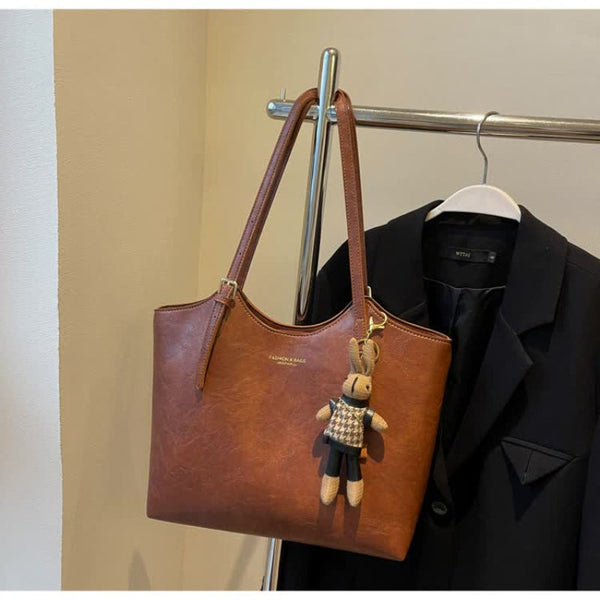 Elosung Brown Elegant Pu Leather Tote Bag With Bear Keychain Large Capacity Women's Bags & Handbags