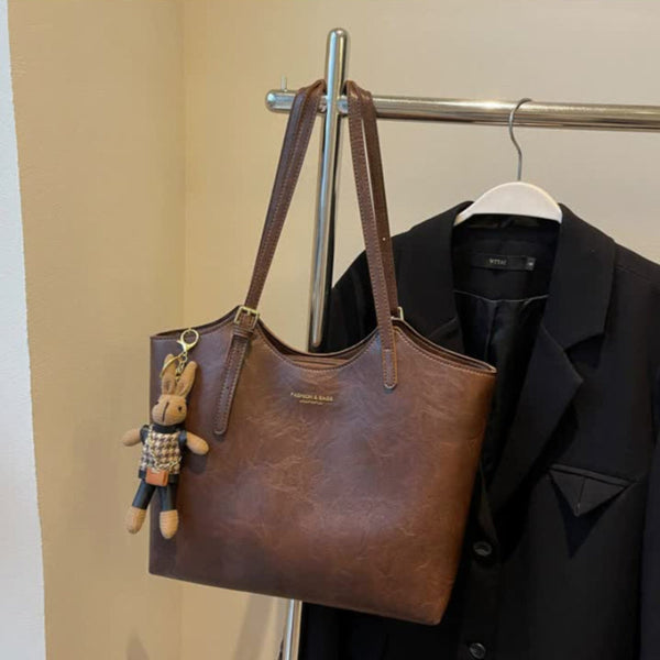 Elosung Coffee Brown Elegant Black Pu Leather Tote Bag With Cute Bear Keychain Large Capacity Handbag For Women (38 X 26 13 Cm) Women's Bags & Handbag