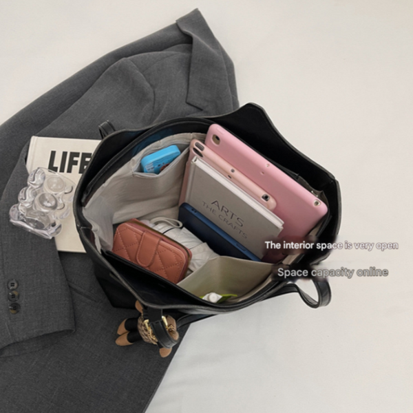 Elosung Coffee Brown Elegant Black Pu Leather Tote Bag With Cute Bear Keychain Large Capacity Handbag For Women (38 X 26 13 Cm) Women's Bags & Handbag