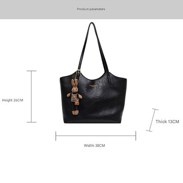 Elosung Coffee Brown Elegant Black Pu Leather Tote Bag With Cute Bear Keychain Large Capacity Handbag For Women (38 X 26 13 Cm) Women's Bags & Handbag