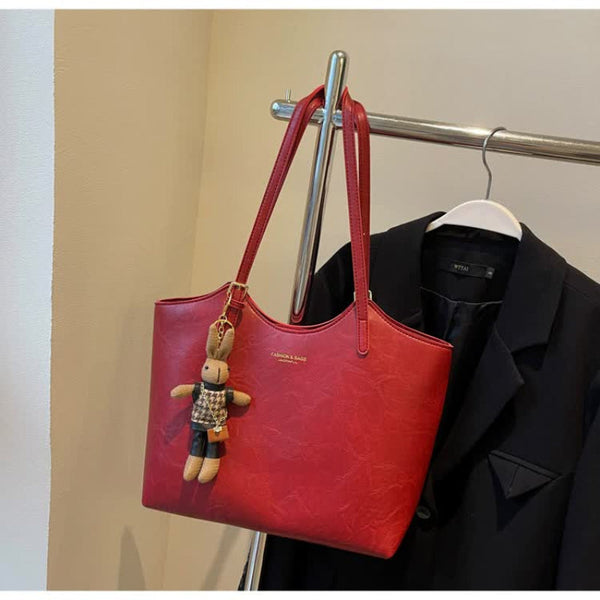 Elosung Red Elegant Black Pu Leather Tote Bag With Cute Bear Keychain Large Capacity Handbag For Women (38 X 26 13 Cm) Women's Bags & Handbags