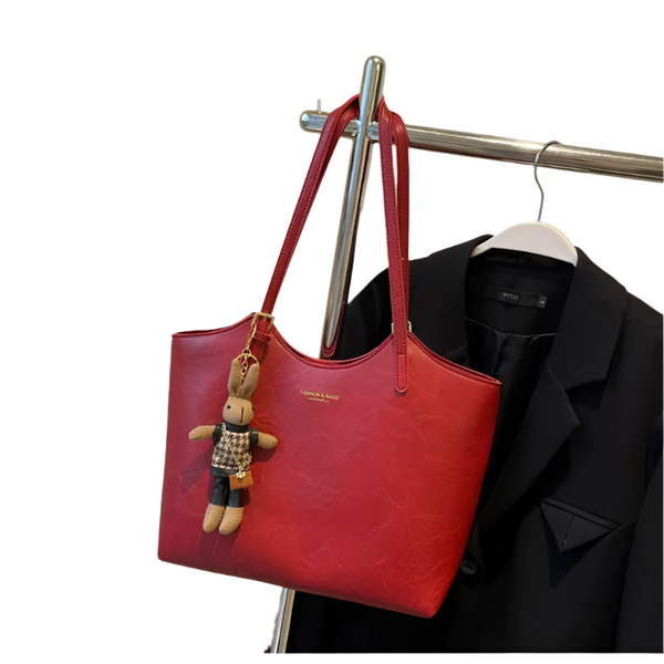 Elosung Red Elegant Black Pu Leather Tote Bag With Cute Bear Keychain Large Capacity Handbag For Women (38 X 26 13 Cm) Women's Bags & Handbags