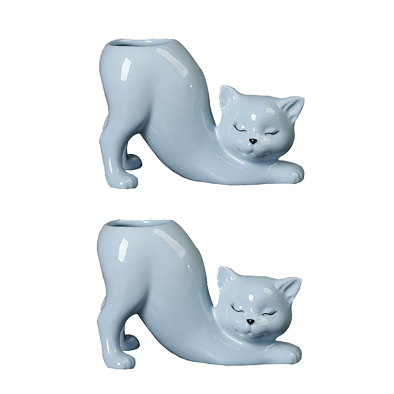 Elosung 2 Pcs Blue Cute Cat Ceramic Flower Pot Decorative Succulent Planter For Home And Office Baskets Pots Window Boxes