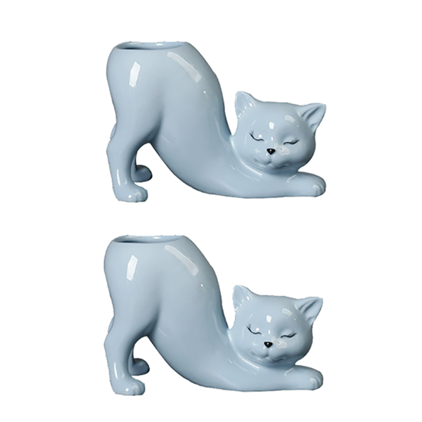 Elosung 2 Pcs Blue Cute Cat Ceramic Flower Pot Decorative Succulent Planter For Home And Office Baskets Pots Window Boxes