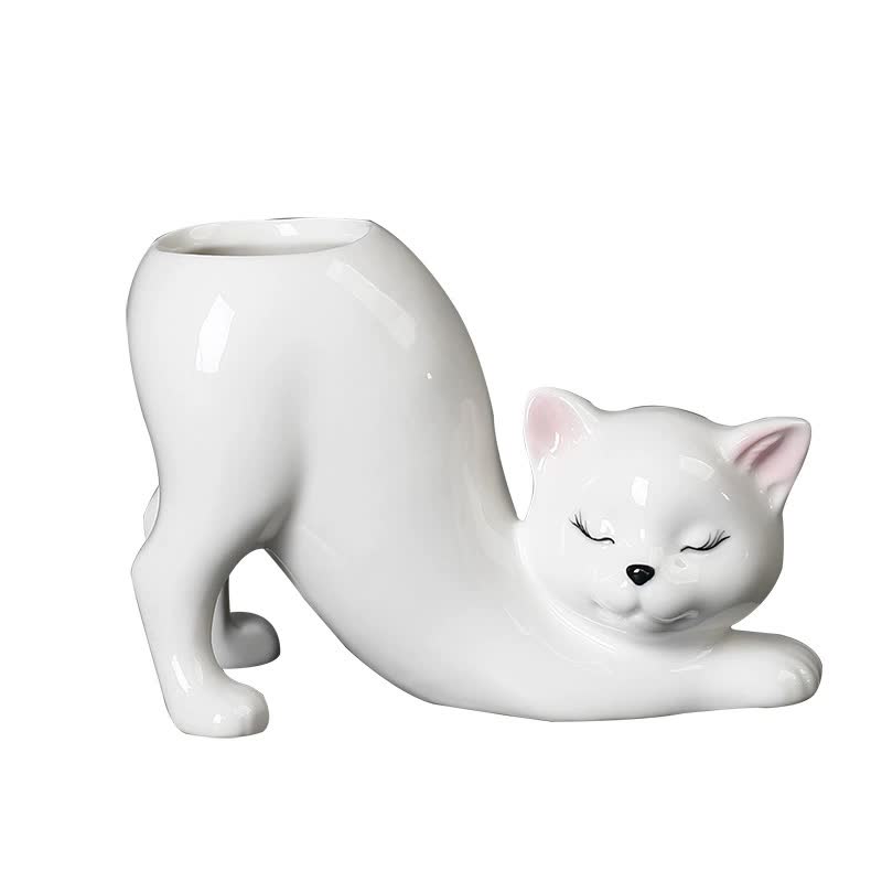 Elosung 2 Pcs White Cute Cat Ceramic Flower Pot Decorative Succulent Planter For Home And Office Baskets Pots Window Boxes