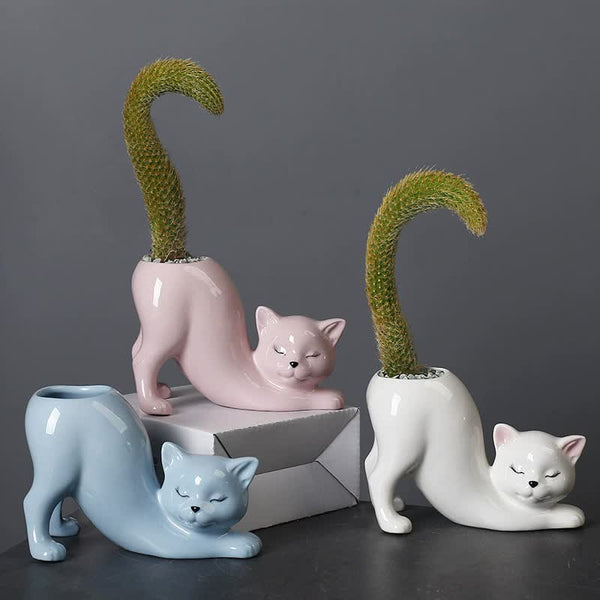 Elosung 2Pcs Pink Cute Cat Ceramic Flower Pot Decorative Succulent Planter For Home And Office Baskets Pots Window Boxes