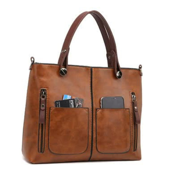 Elosung Brown Pu Leather Tote Bag Women's Multi Pocket Shoulder Women's Bags & Handbags