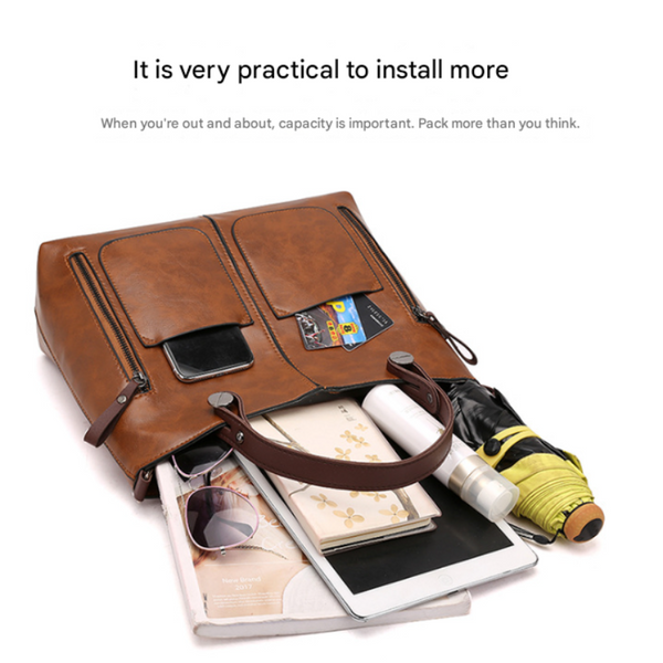Elosung Brown Pu Leather Tote Bag Women's Multi Pocket Shoulder Women's Bags & Handbags