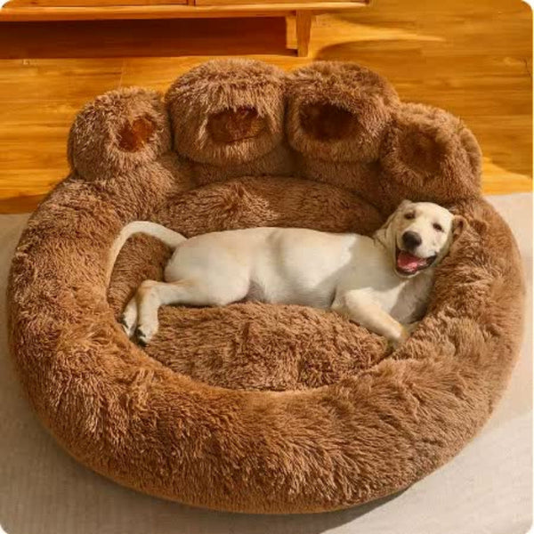 90Cm Brown Plush Dog Bed With Paw Design Ultra Soft Round Pet Sofa For Medium To Large Dogs Pet Beds