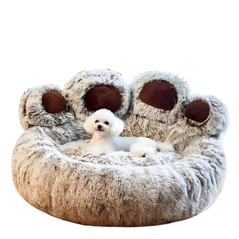 Diameter 90Cm Grey Plush Dog Bed With Paw Design Ultra Soft Round Pet Sofa For Medium To Large Dogs Pet Beds