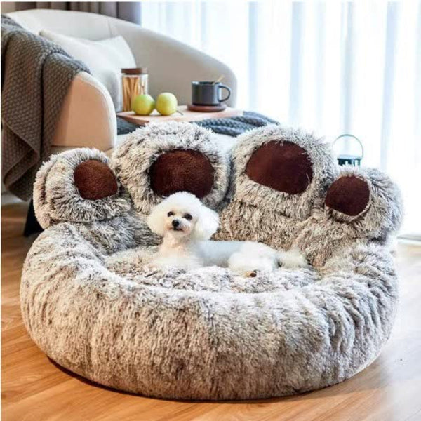 Diameter 90Cm Grey Plush Dog Bed With Paw Design Ultra Soft Round Pet Sofa For Medium To Large Dogs Pet Beds