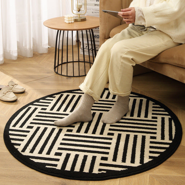 Black Horizontal Stripes Modern Round Area Rug With Geometric And White Pattern Rugs