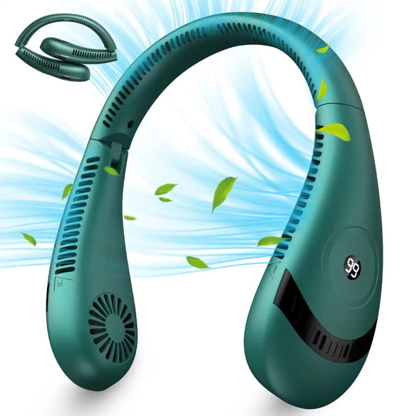 Green Rechargeable 5000Mah Portable Neck Fan With 3 Speed Settings Portable Fans