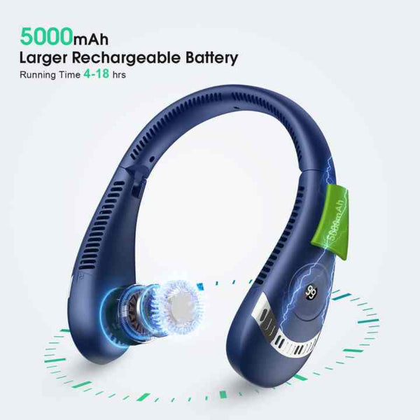 Green Rechargeable 5000Mah Portable Neck Fan With 3 Speed Settings Portable Fans