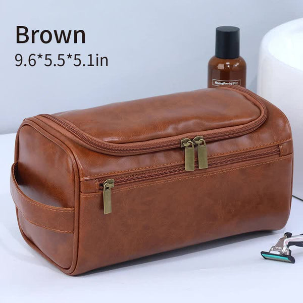 Elosung Brown Premium Pu Leather Travel Toiletry Bag With Zipper Compartments Makeup Bags & Cases
